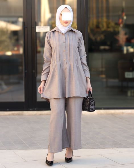 Pleated Linen Shirt & Pants Set – Taupe