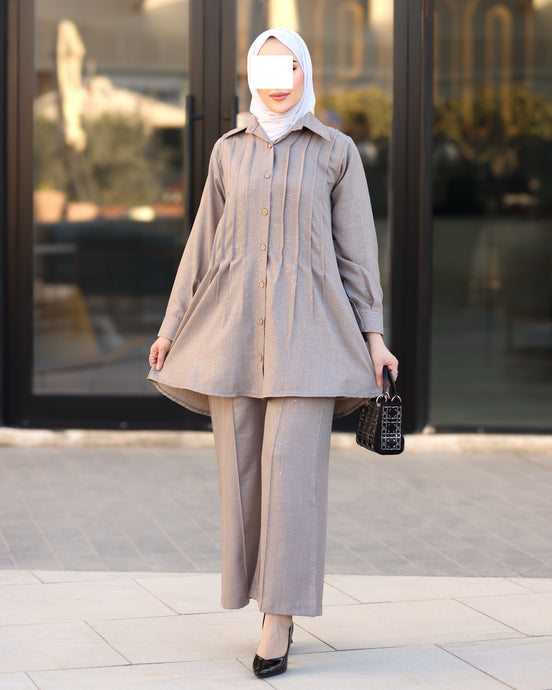 Pleated Linen Shirt & Pants Set – Taupe