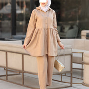 Gathered Linen Shirt & Pants Set – Warm Beige