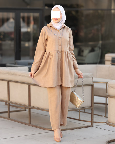Gathered Linen Shirt & Pants Set – Warm Beige