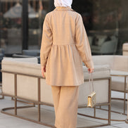 Gathered Linen Shirt & Pants Set – Warm Beige