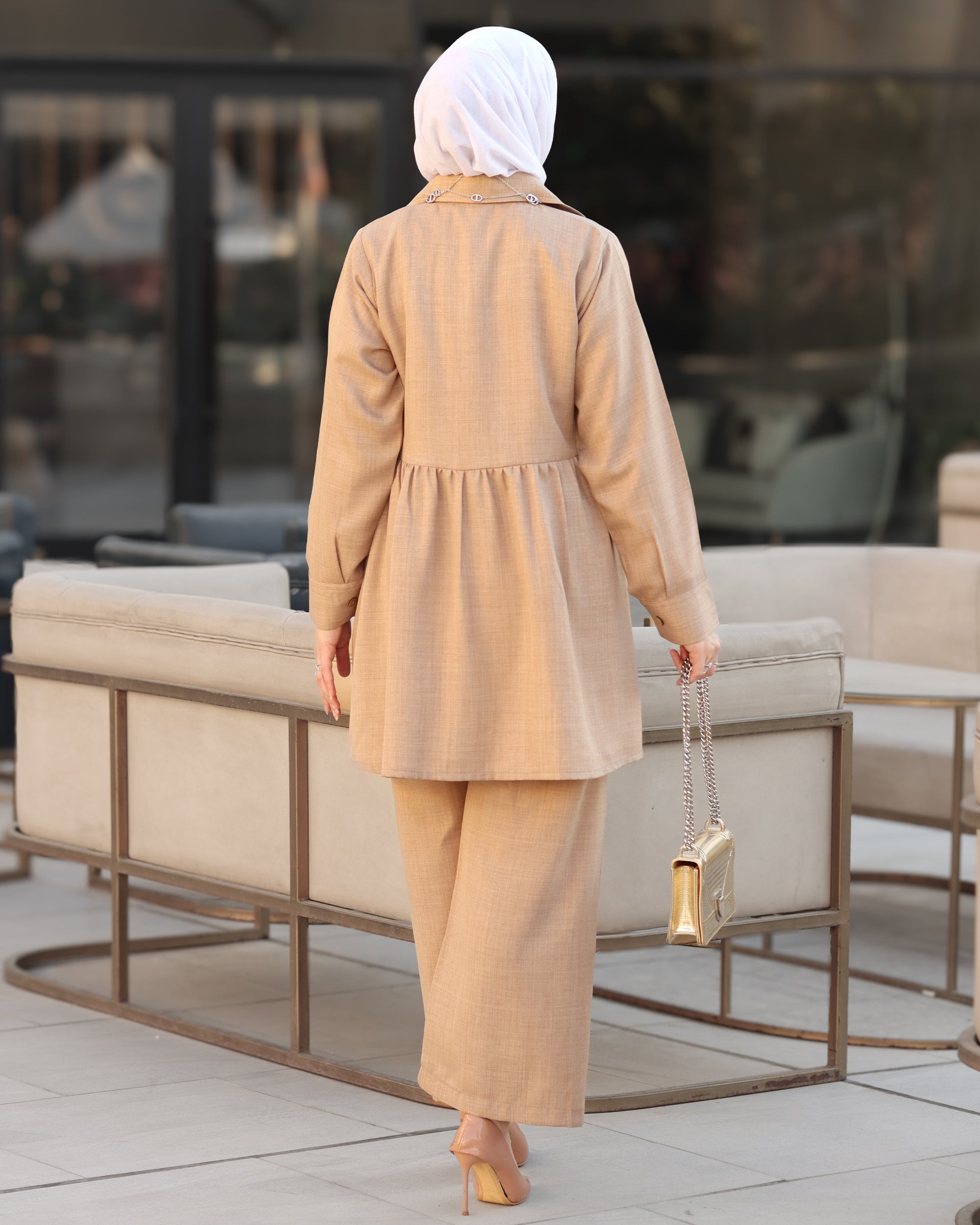 Gathered Linen Shirt & Pants Set – Warm Beige
