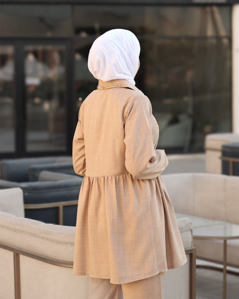 Gathered Linen Shirt & Pants Set – Warm Beige