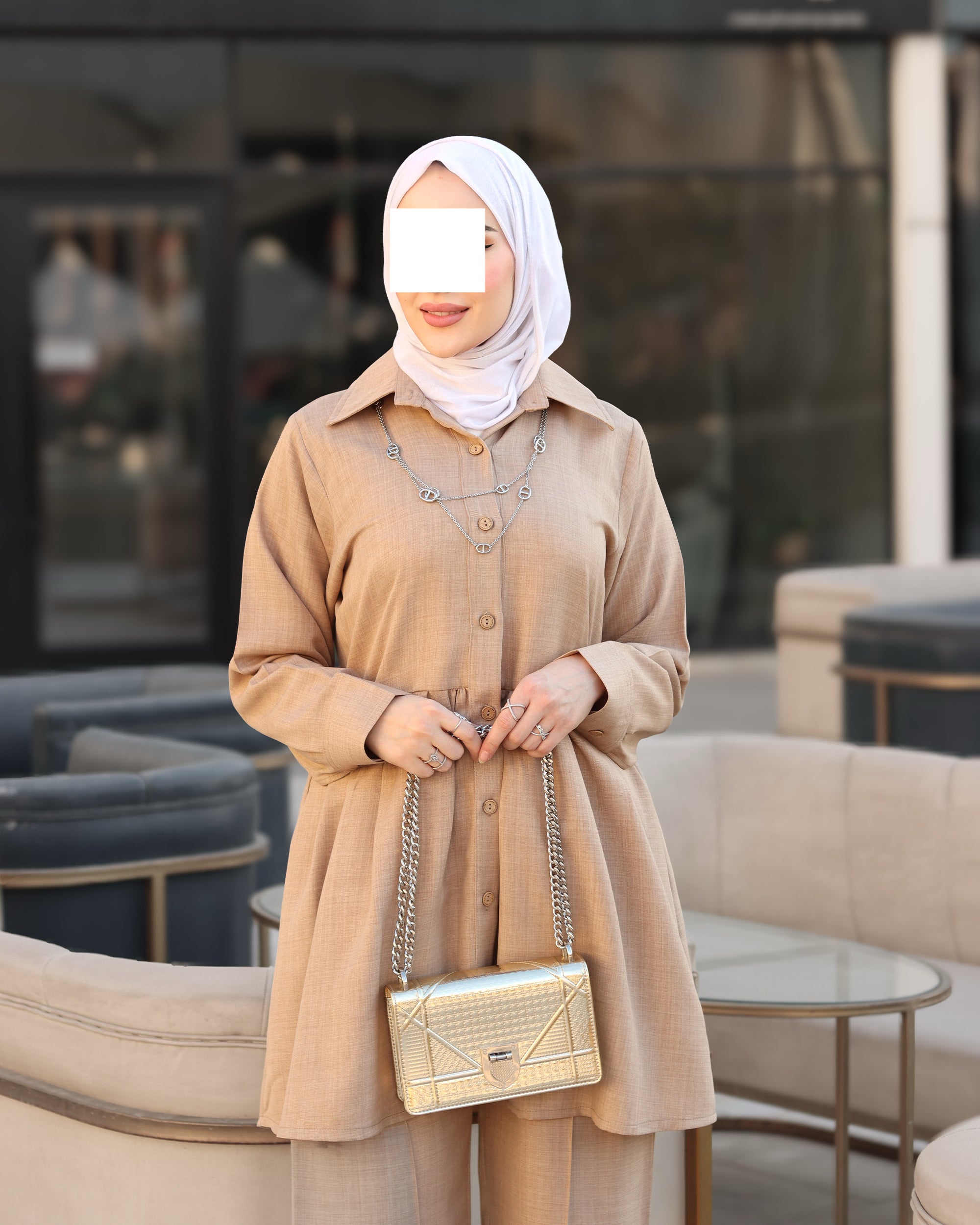 Gathered Linen Shirt & Pants Set – Warm Beige