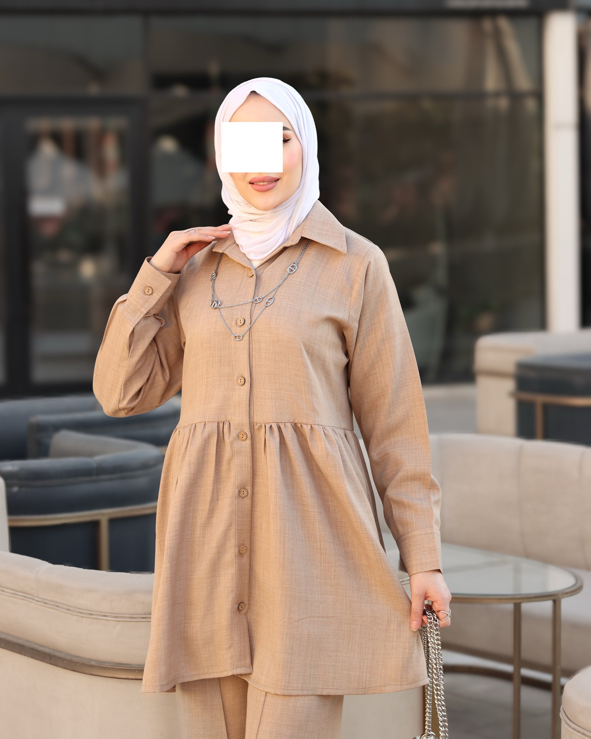 Gathered Linen Shirt & Pants Set – Warm Beige