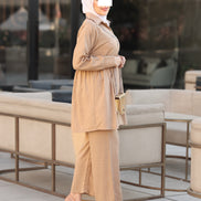 Gathered Linen Shirt & Pants Set – Warm Beige