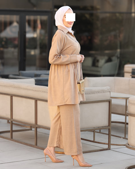 Gathered Linen Shirt & Pants Set – Warm Beige