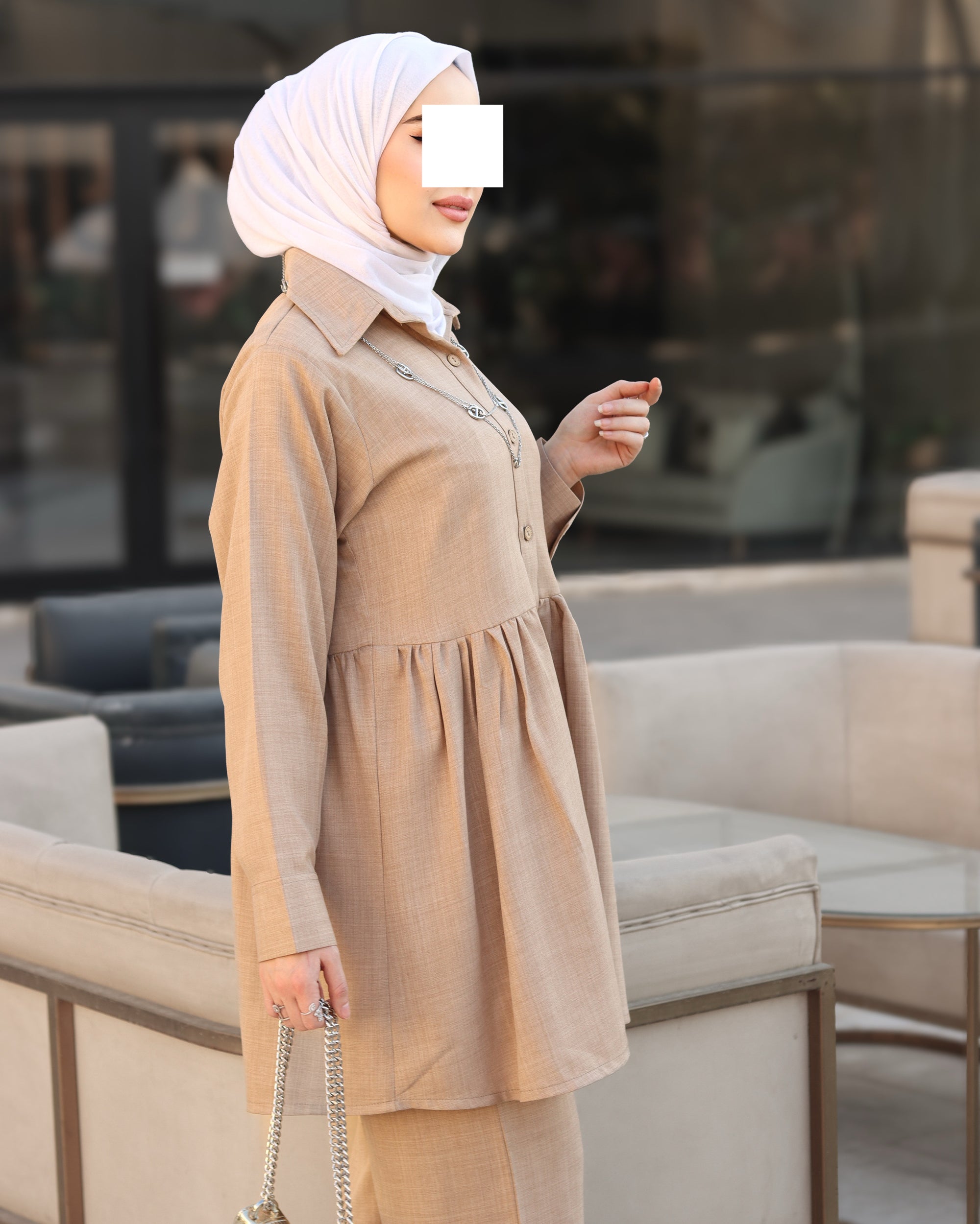 Gathered Linen Shirt & Pants Set – Warm Beige