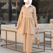 Gathered Linen Shirt & Pants Set – Warm Beige