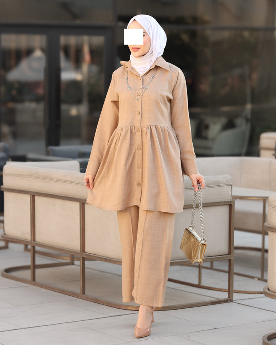 Gathered Linen Shirt & Pants Set – Warm Beige