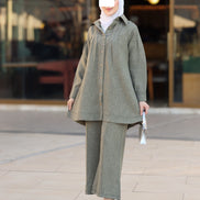 طقم قميص و بنطلون من الكتان المريح - زيتوني