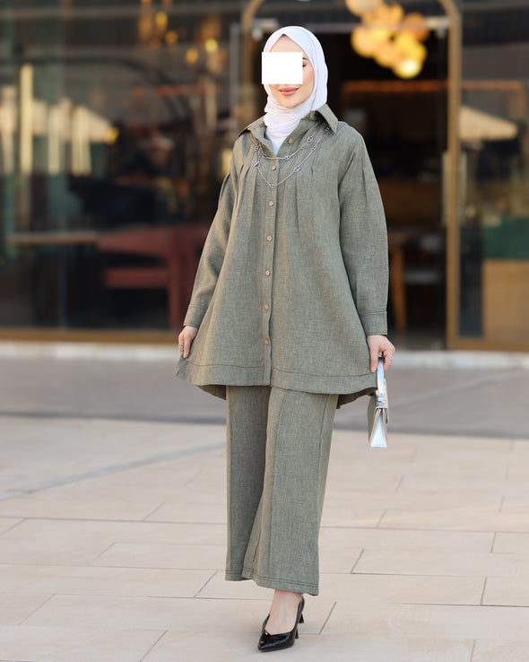 Relaxed Linen Shirt & Pants Set – Olive Green