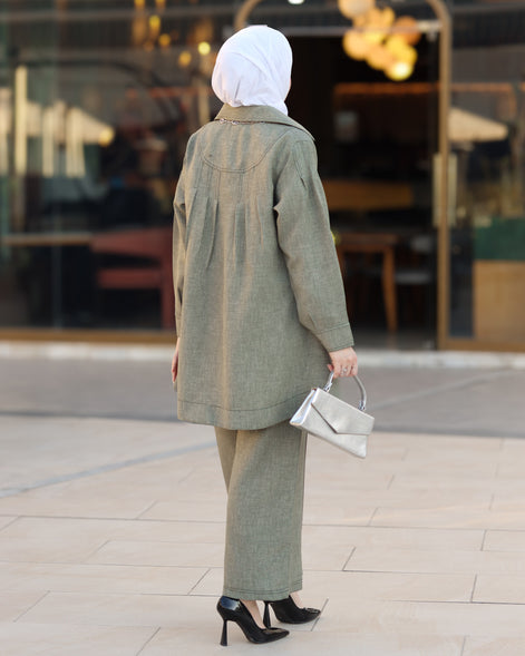 طقم قميص و بنطلون من الكتان المريح - زيتوني