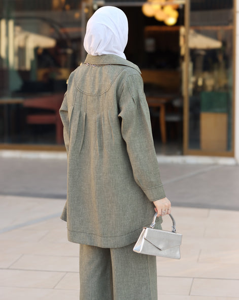 طقم قميص و بنطلون من الكتان المريح - زيتوني