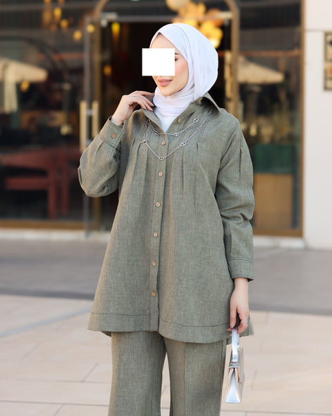 طقم قميص و بنطلون من الكتان المريح - زيتوني