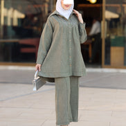 طقم قميص و بنطلون من الكتان المريح - زيتوني