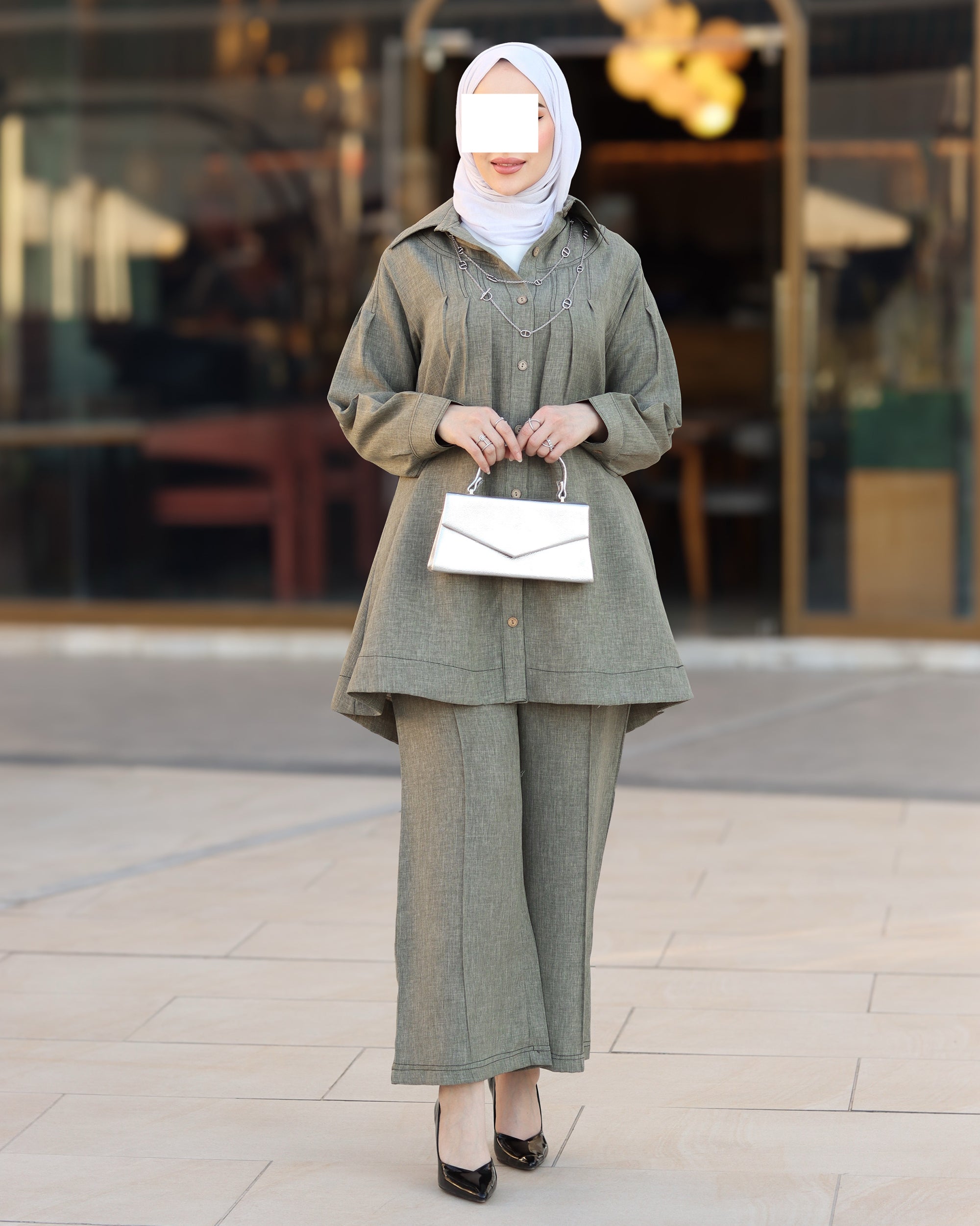 طقم قميص و بنطلون من الكتان المريح - زيتوني