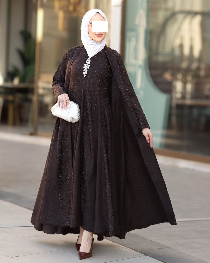 طقم دراعة من الكتان – بني داكن