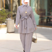 Belted Linen Shirt & Pant Set – Soft Grey