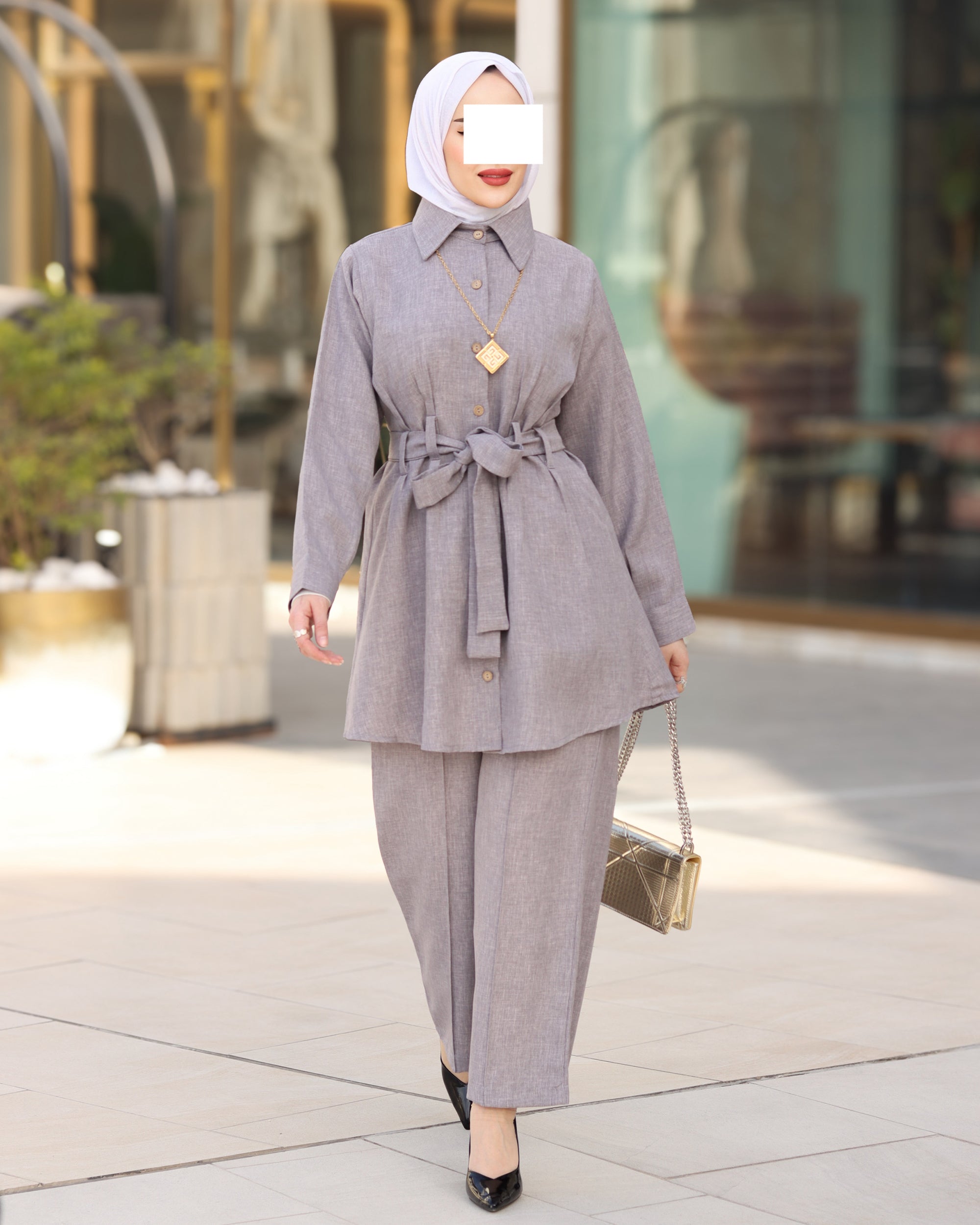 Belted Linen Shirt & Pant Set – Soft Grey