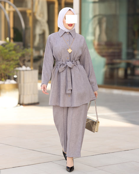 Belted Linen Shirt & Pant Set – Soft Grey