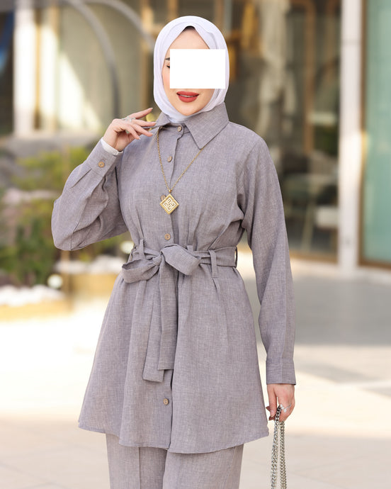 Belted Linen Shirt & Pant Set – Soft Grey