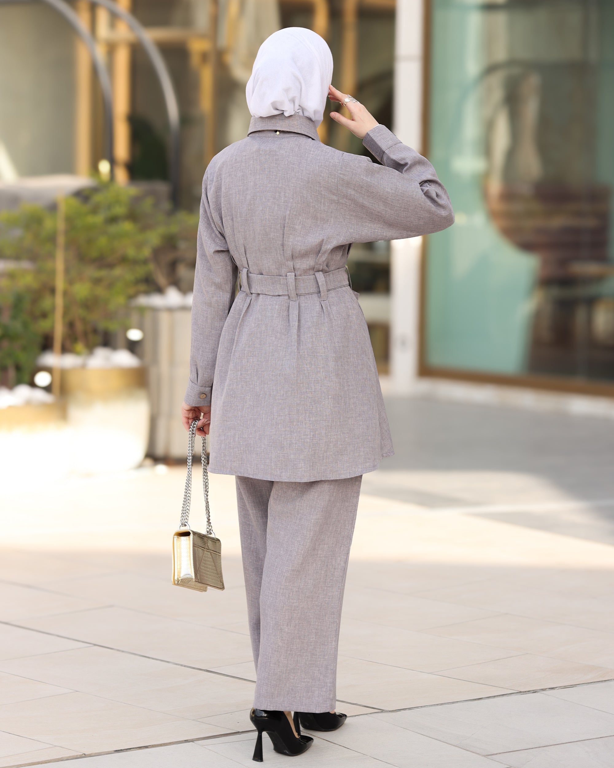 Belted Linen Shirt & Pant Set – Soft Grey