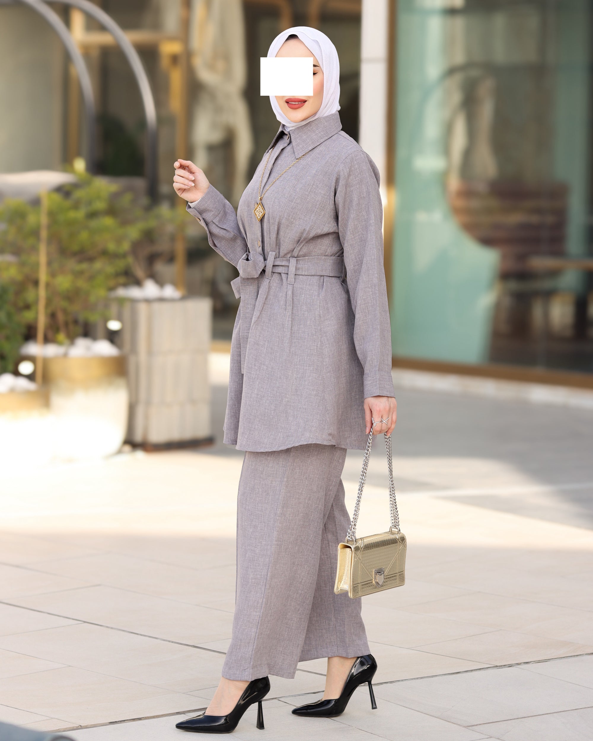 Belted Linen Shirt & Pant Set – Soft Grey