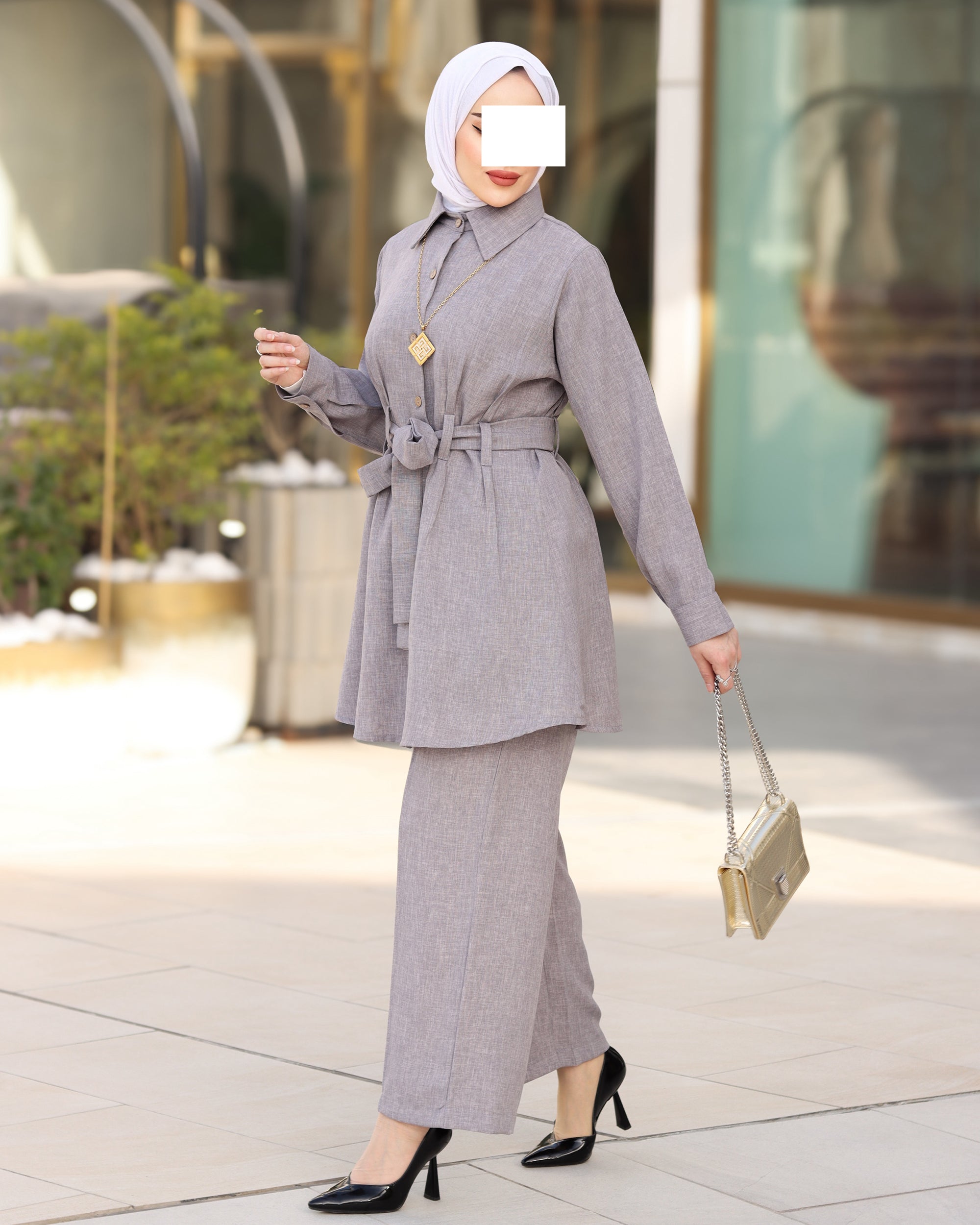 Belted Linen Shirt & Pant Set – Soft Grey