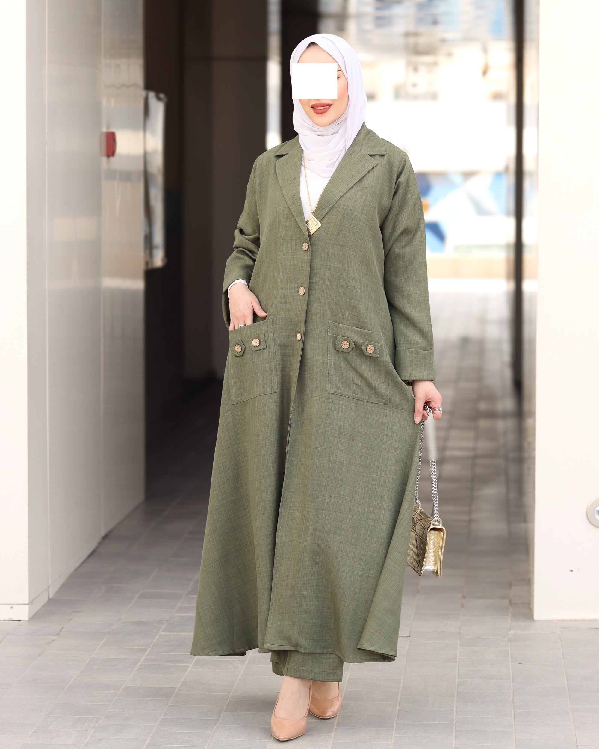 Buttoned Pocket Linen Nafnouf – Olive Green