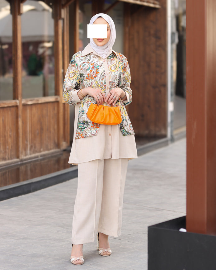 Floral Linen Two-Piece Set - Beige Multi