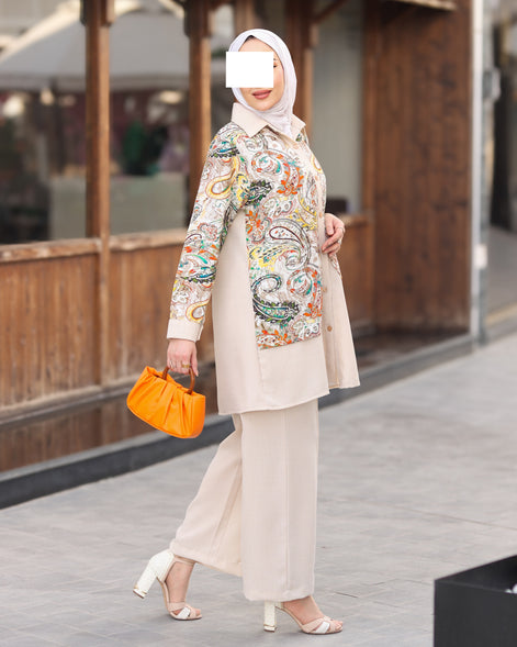 Floral Linen Two-Piece Set - Beige Multi