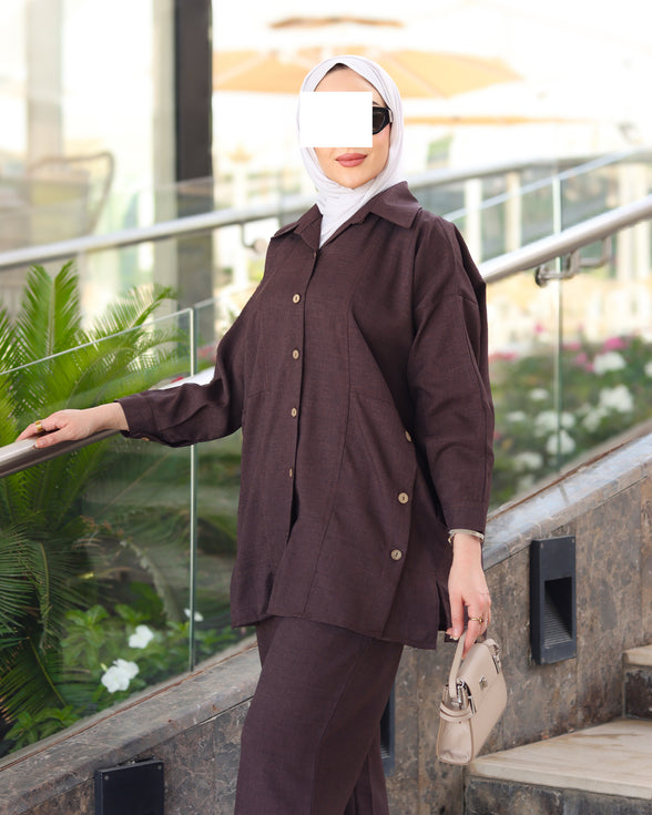 Button Detail Linen Suit – Chocolate Brown