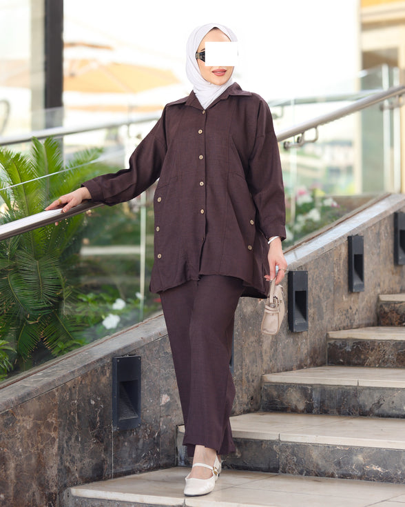 Button Detail Linen Suit – Chocolate Brown