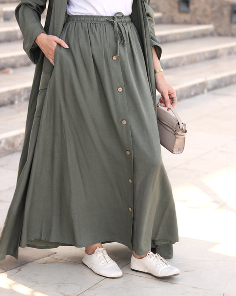 Relaxed Linen-Look Coat & Skirt Set – Olive
