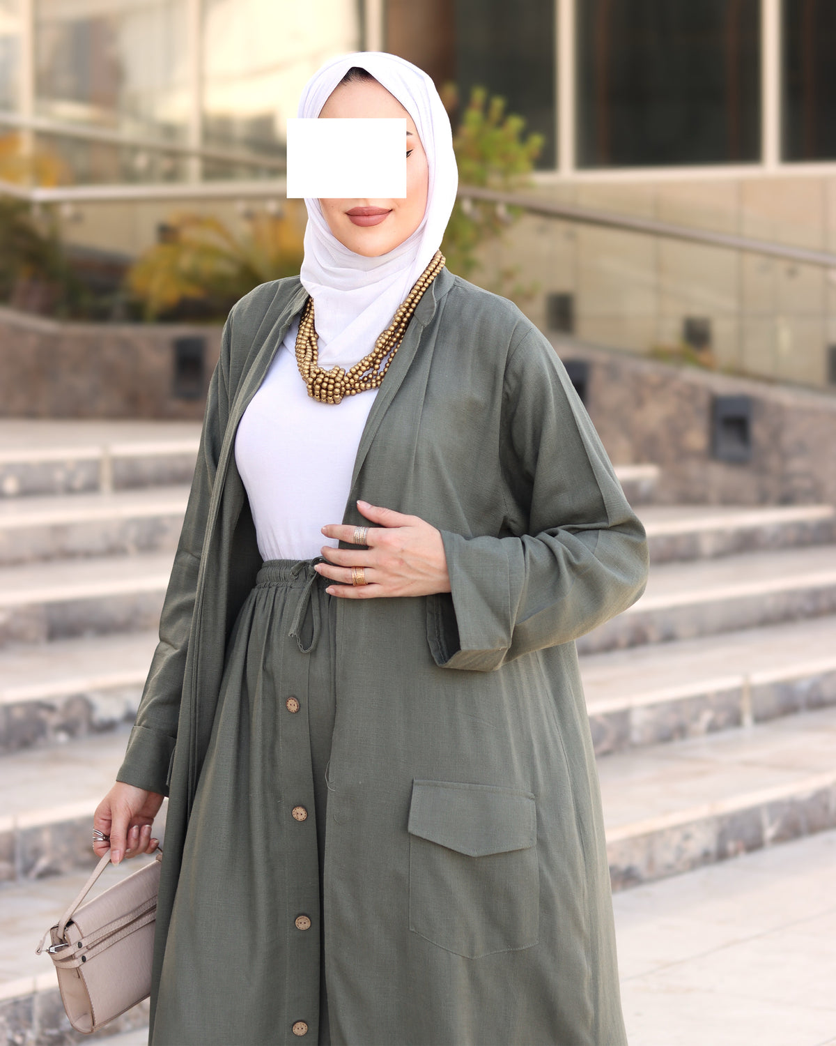 Relaxed Linen-Look Coat & Skirt Set – Olive