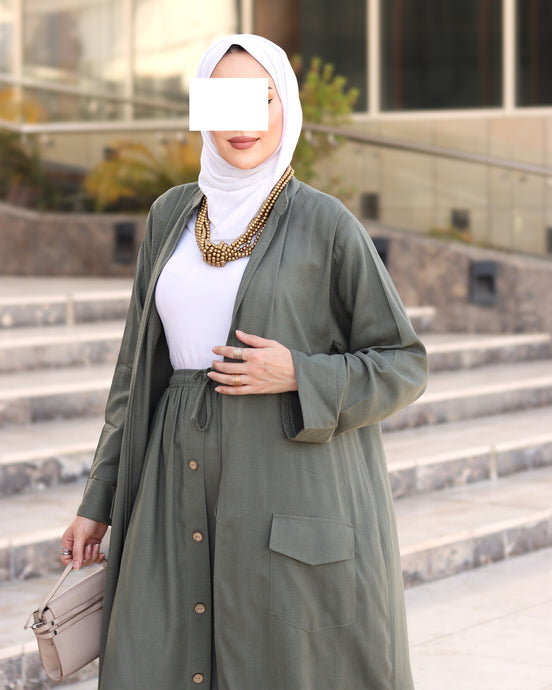 Relaxed Linen-Look Coat & Skirt Set – Olive