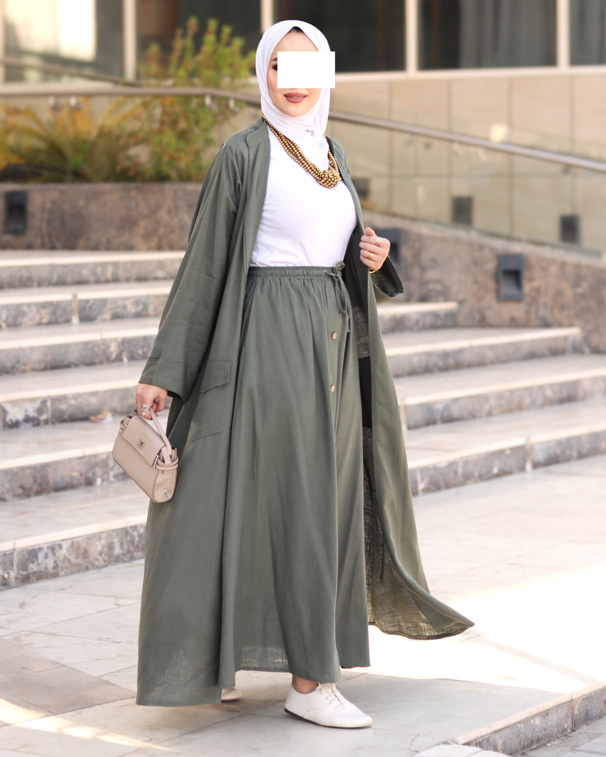 Relaxed Linen-Look Coat & Skirt Set – Olive
