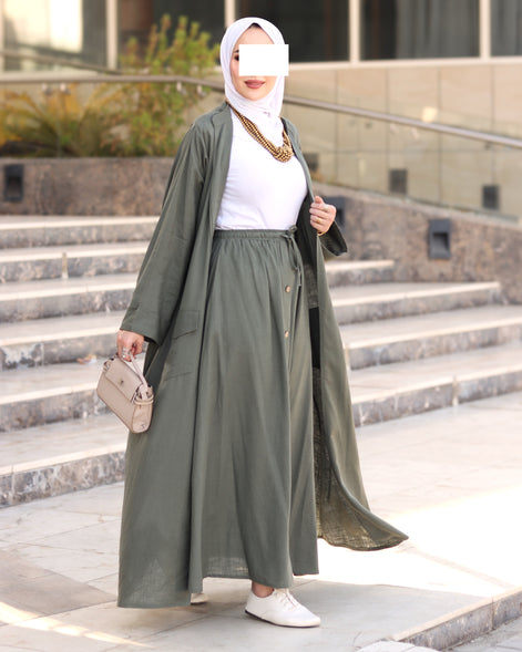 Relaxed Linen-Look Coat & Skirt Set – Olive