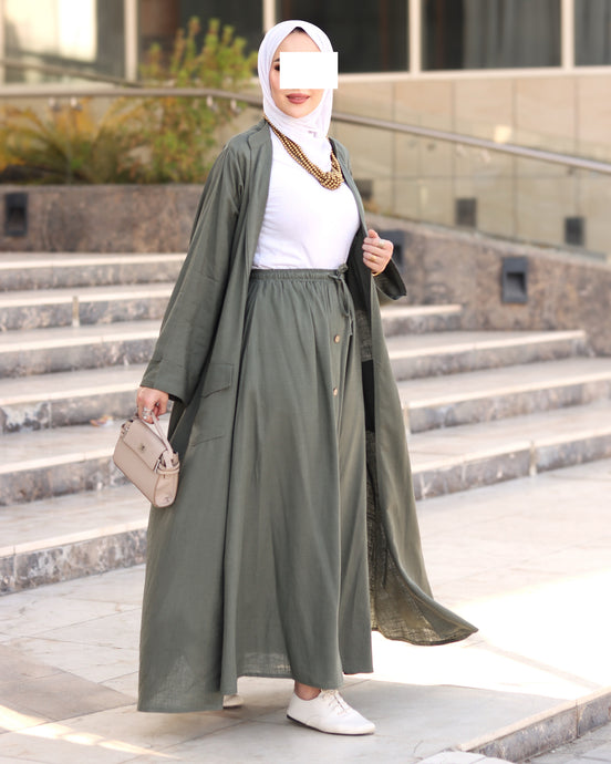 Relaxed Linen-Look Coat & Skirt Set – Olive