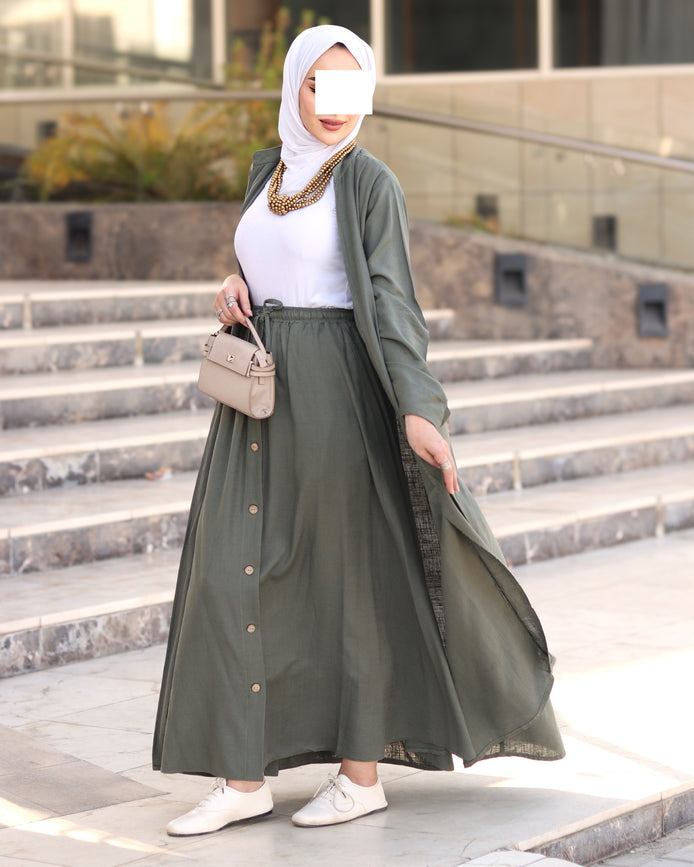 Relaxed Linen-Look Coat & Skirt Set – Olive