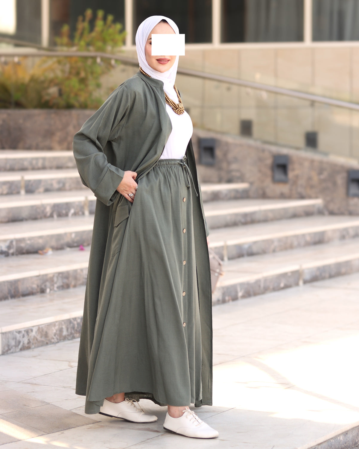 Relaxed Linen-Look Coat & Skirt Set – Olive