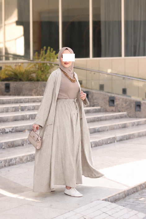 Relaxed Linen-Look Coat & Skirt Set – Olive