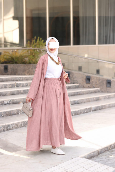 Relaxed Linen-Look Coat & Skirt Set – Olive