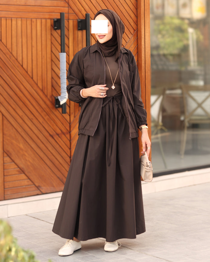 طقم جاكيت وتنورة باراشوت – بني