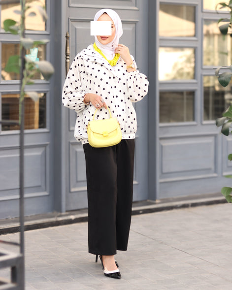 Polka Dot Cotton Ribbon Shirt & Pants Set – White & Black